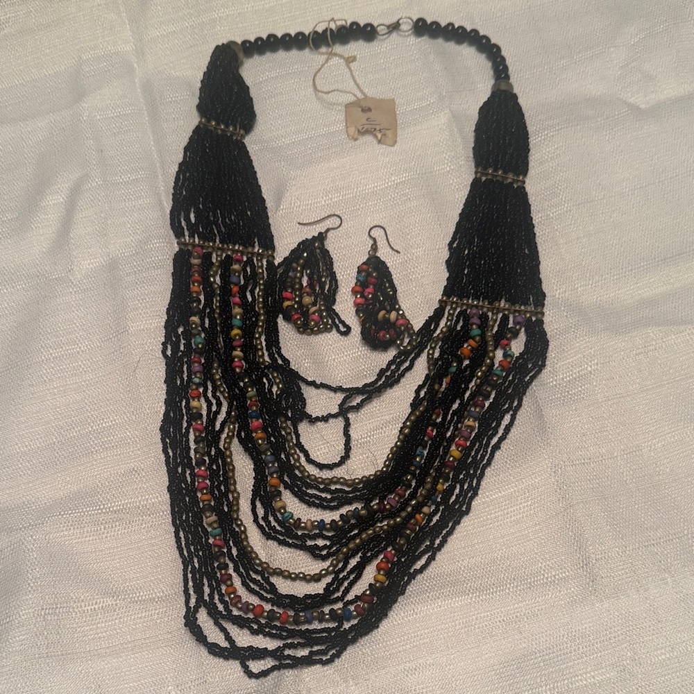 Layered Beaded Necklace Boho Native Seed Bead Tassel Necklace